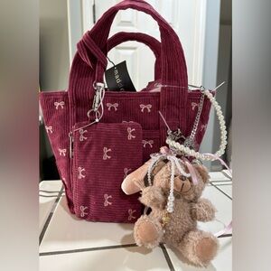 Madden Girl Burgundy Corduroy Tote with Pink Bow Design